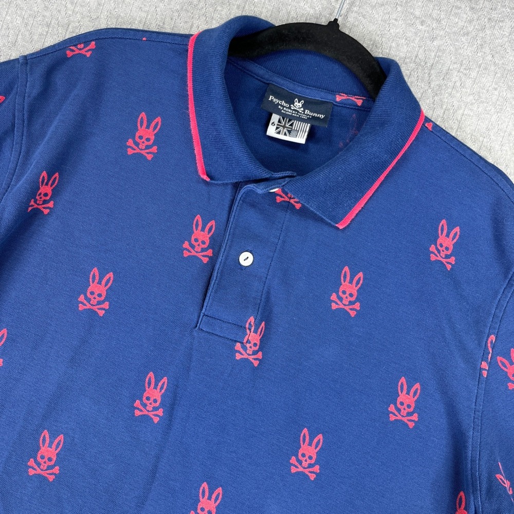 Psycho Bunny Polo Shirt Mens 6 large Blue Pink All Over Print Skull Bunny